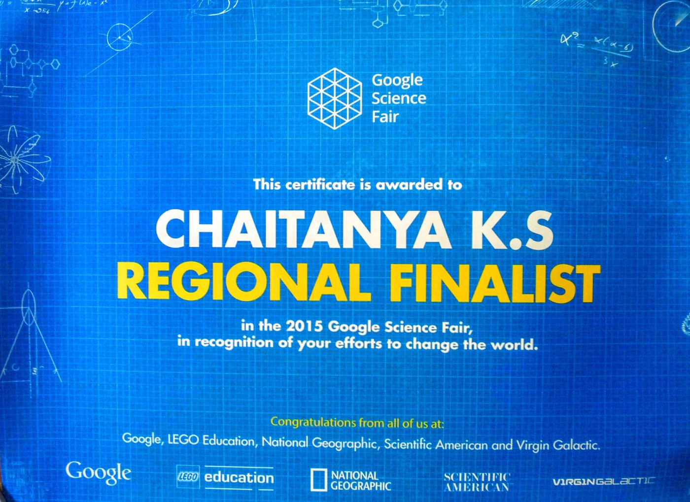 Google Science Fair 2015 certificate naming Chaitanya K.S a Regional Finalist