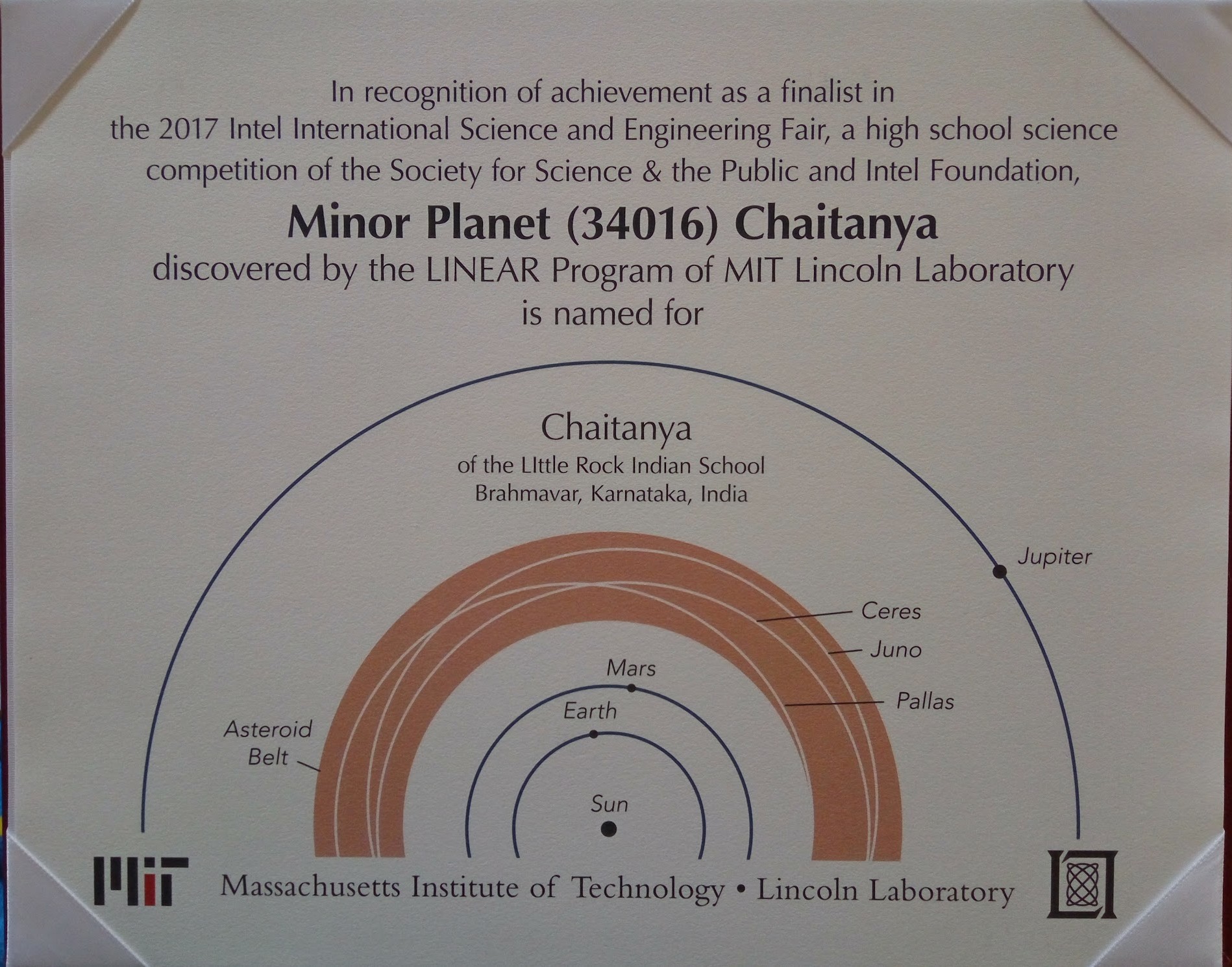 Certificate naming Minor Planet (34016) Chaitanya, MIT Lincoln Laboratory